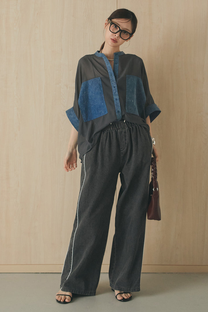 [SET]デニムライクビッグツーポケシアーシャツ+ドロストサイドラインデニムパンツ(2set)