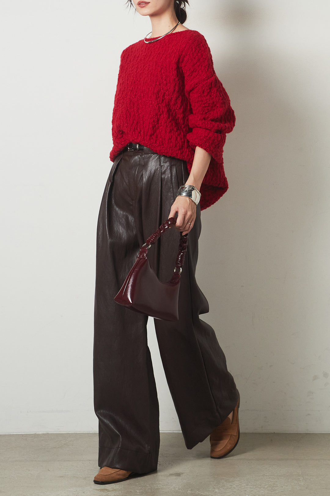 [SET]ボリューム編みニットプルオーバー+ベルト付きレザーライクタックパンツ(2set)