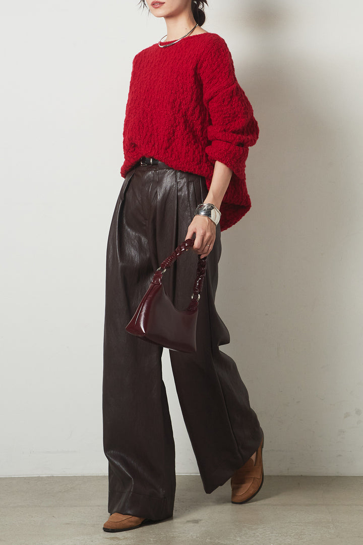 [SET]ボリューム編みニットプルオーバー+ベルト付きレザーライクタックパンツ(2set)