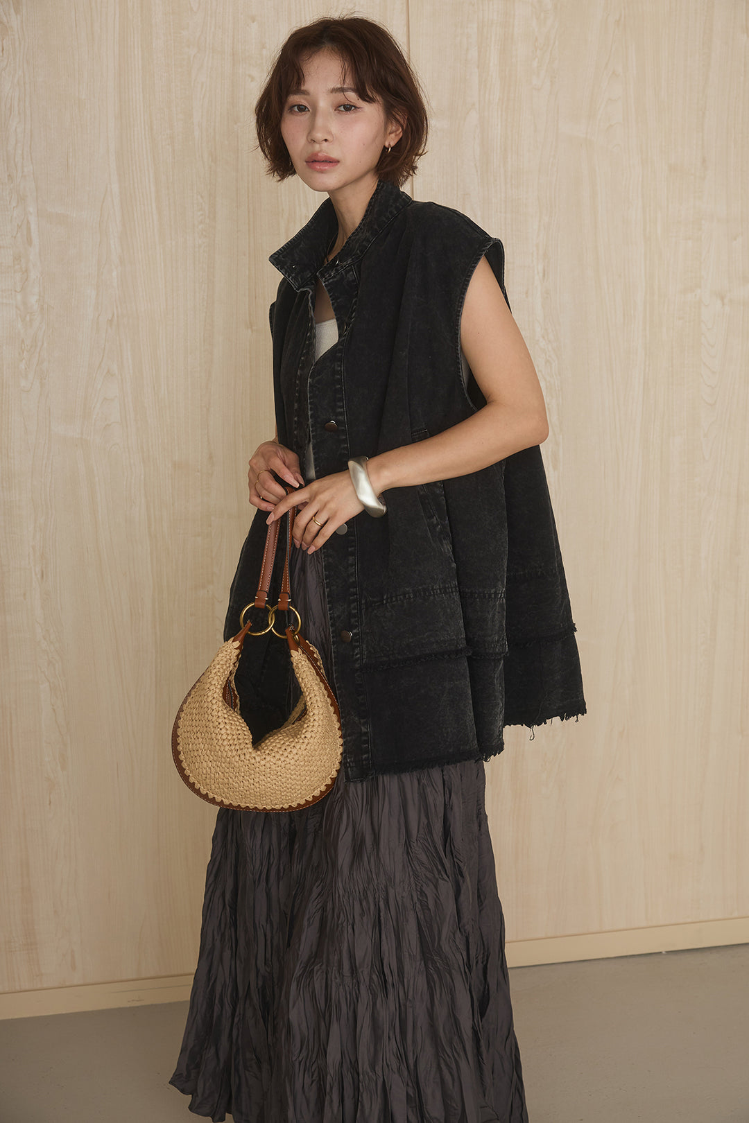 [SET]ケミカルデニムヘムカットオフジレ+イレギュラープリーツイージースカート(2set)