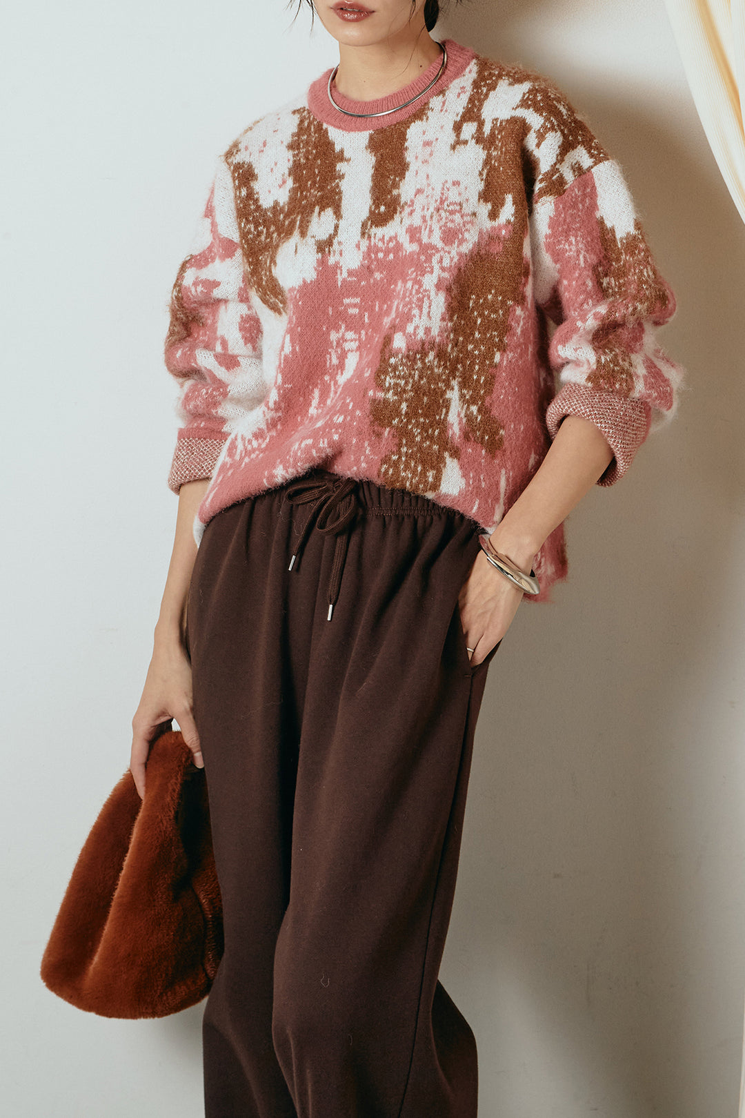 [SET]起毛ニュアンス柄ニットプルオーバー+裏起毛スウェットワイドパンツ(2set)