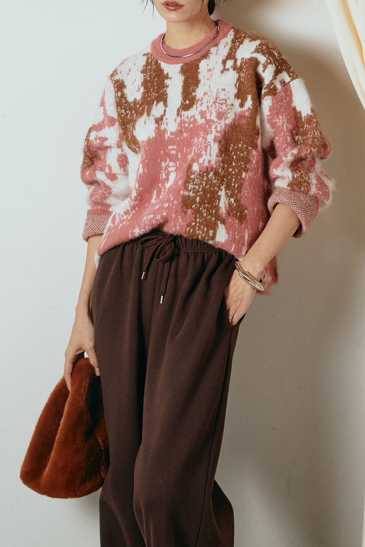 [SET]起毛ニュアンス柄ニットプルオーバー+裏起毛スウェットワイドパンツ(2set)
