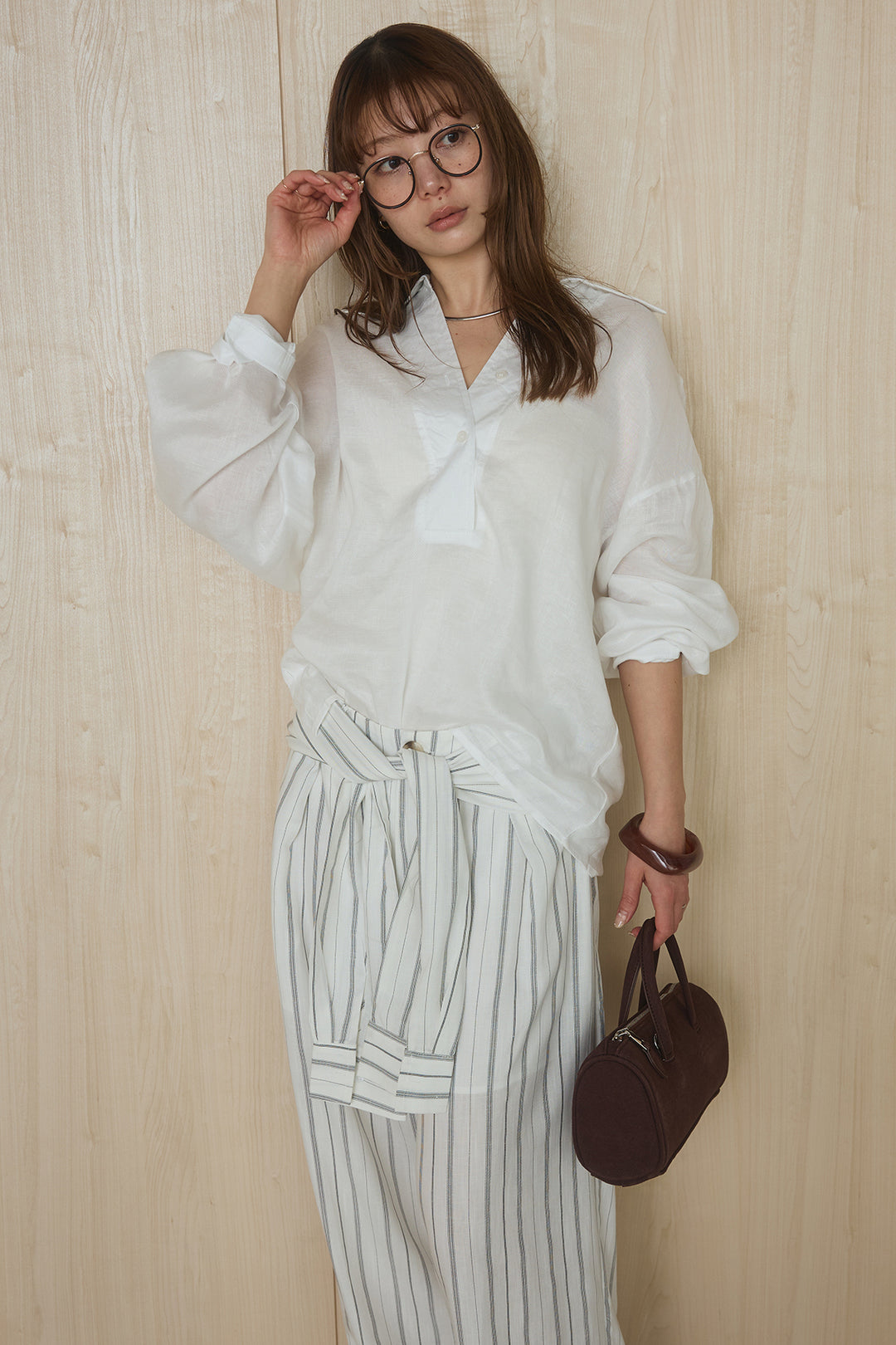 [SET]襟付きボタンブラウス+ウエスト巻きピンストライプパンツ(2set)