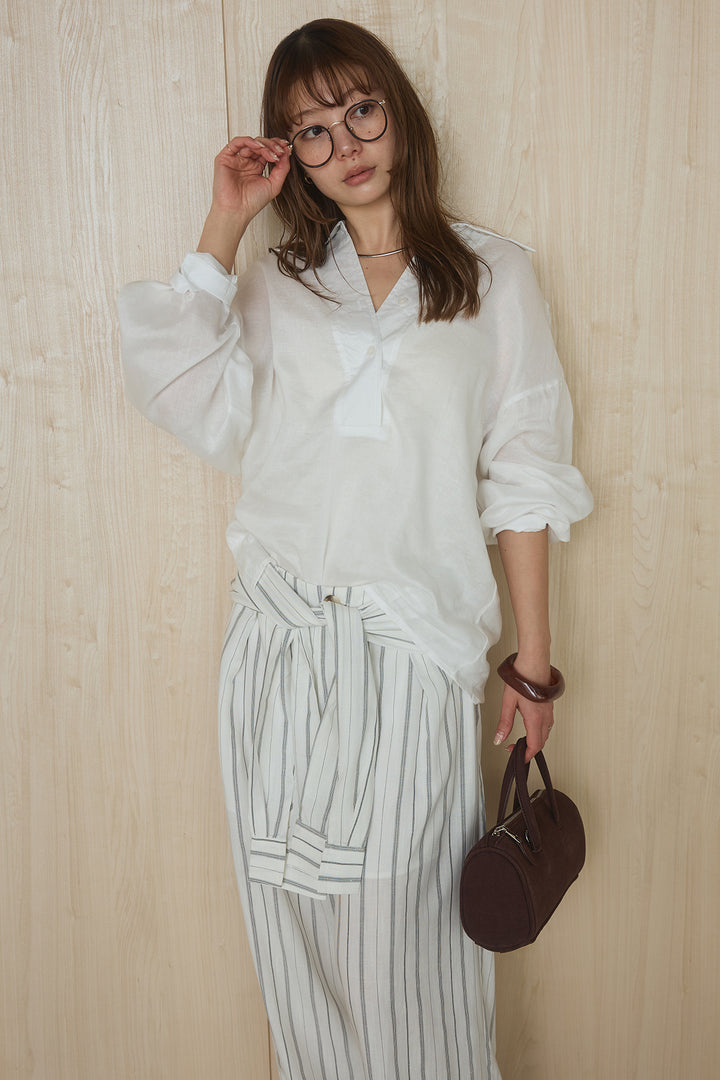 [SET]襟付きボタンブラウス+ウエスト巻きピンストライプパンツ(2set)