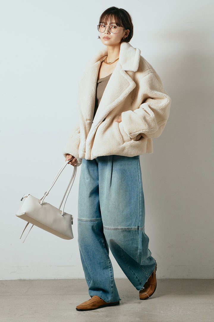 【2月中旬発送】
[SET]テディボアショートジャケット+加工デニムタックコクーンワイドパンツ(2set)