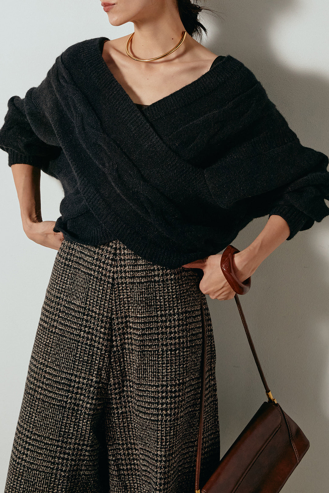 [SET]ケーブルカシュクールニットトップス+前後2wayグレンチェック柄スカーチョサロペット(2set)