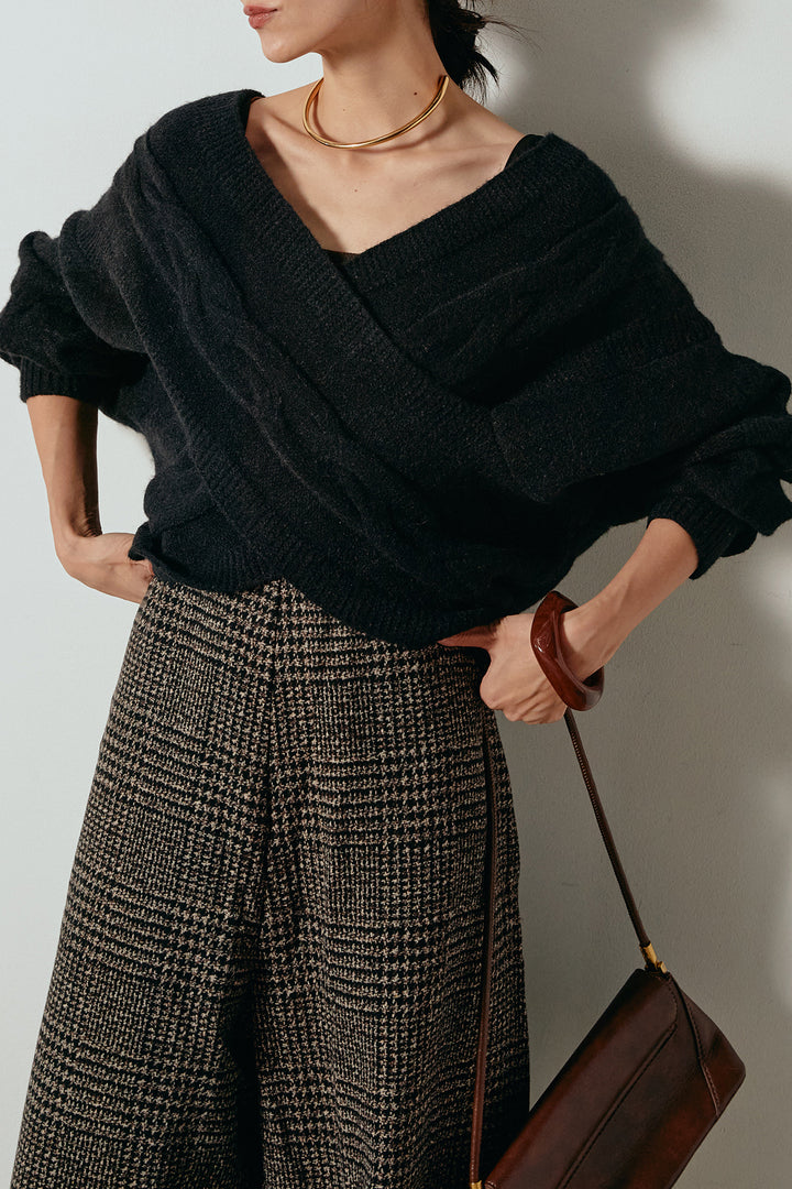 [SET]ケーブルカシュクールニットトップス+前後2wayグレンチェック柄スカーチョサロペット(2set)