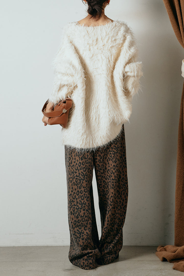 [SET]深Vネックシャギーニットトップス+リラックスレオパード柄ワイドパンツ(2set)