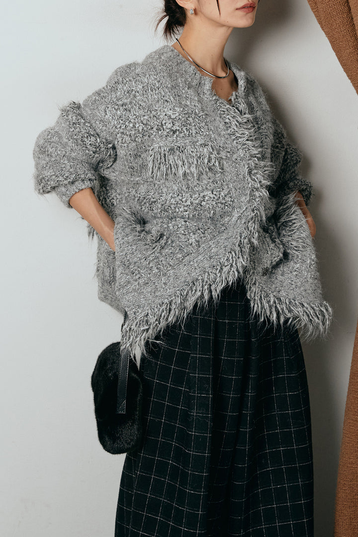 [SET]フリンジニットカーディガン+ウールライクチェックタックパンツ(2set)
