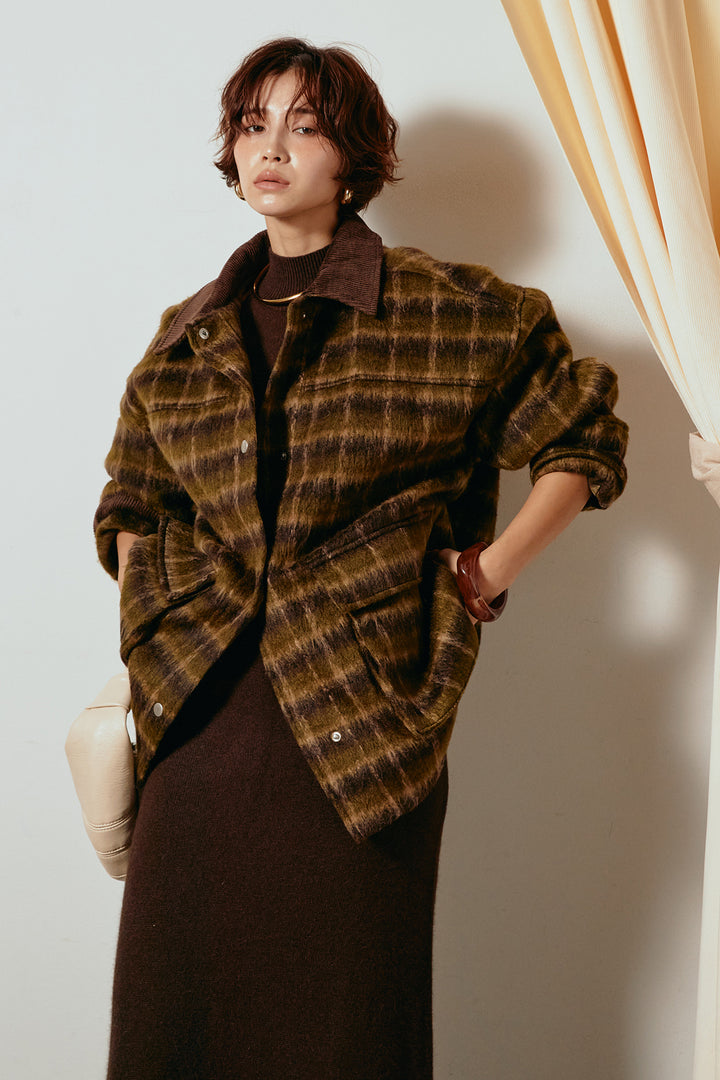 [SET]チェックシャギーミドルカバーオール+ノースリーブニットロングワンピース(2set)