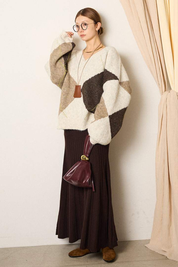 [SET]ルーズアーガイルVネックニット+編み地切り替えフレアニットスカート(2set)