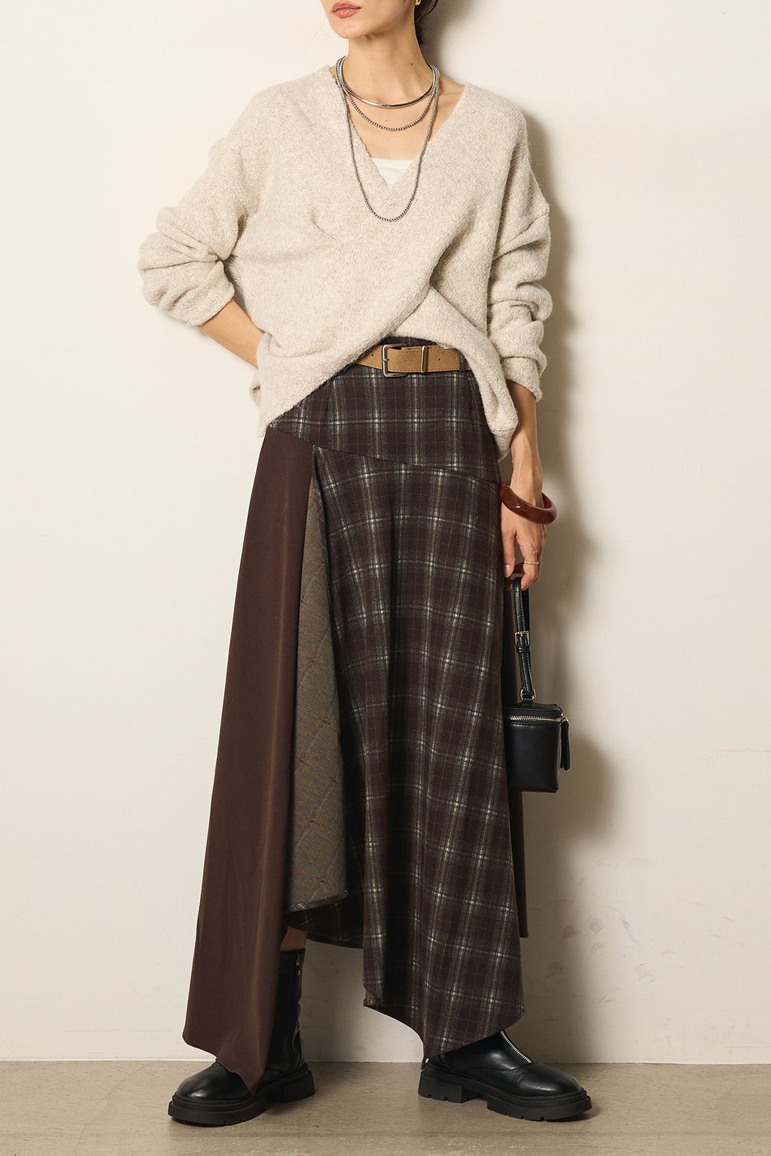 [SET]ヘアバンド付きクロスデザインミックスニットトップス+フェイクレザーベルト付き切り替えタータンチェックスカート(2set)