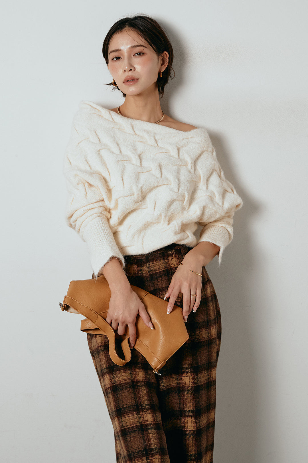 [SET]ボートネックニットトップス+ルーズタータンチェックワイドパンツ(2set)