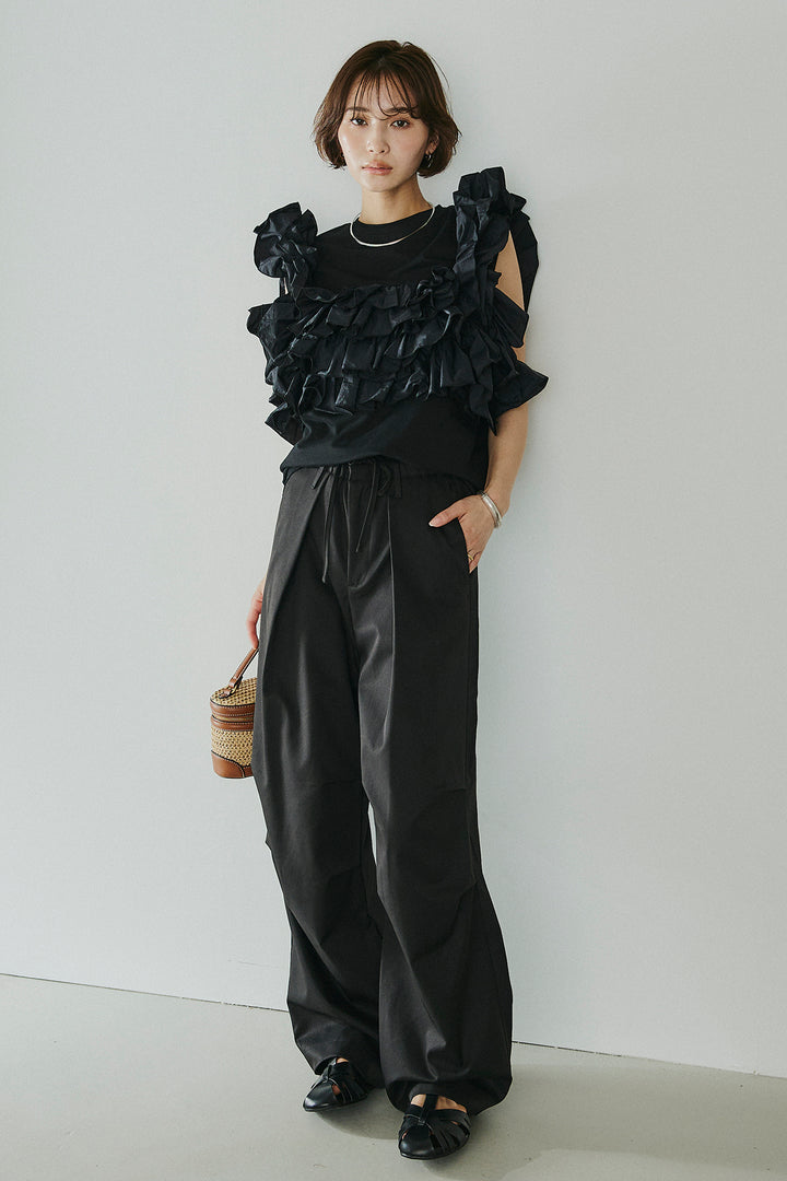 [SET]天竺ナイロンドッキングビスチェ風トップス+ニーサイドタックウエストドロスパンツ(2set)