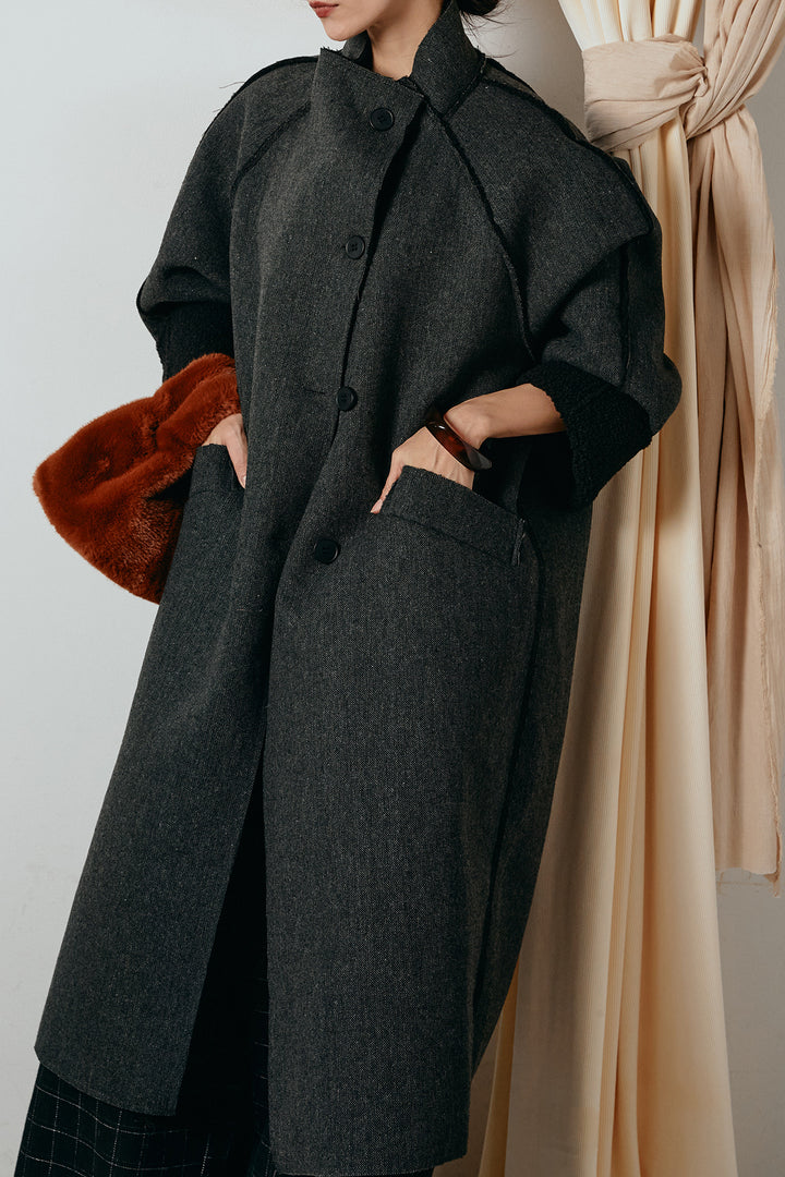 [SET]裏地ボアハイネックロングアウター+ウールライクチェックタックパンツ(2set)