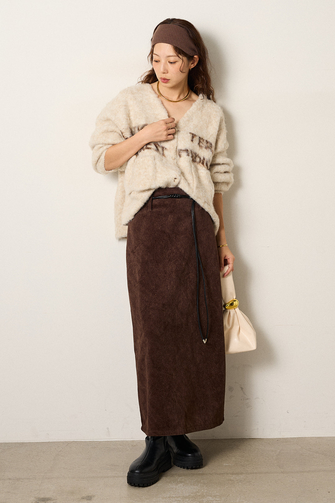 [SET]ウール混透かしロゴニットカーディガン+ロープベルト付きスウェード調スカート(2set)