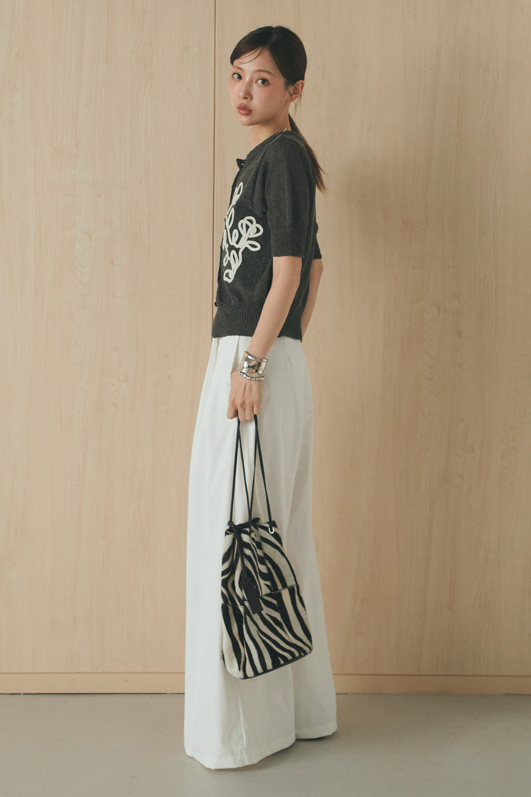 [SET]フロントテープデザイン半袖カーディガン+ベルトループデザインハイウエストタックパンツ(2set)