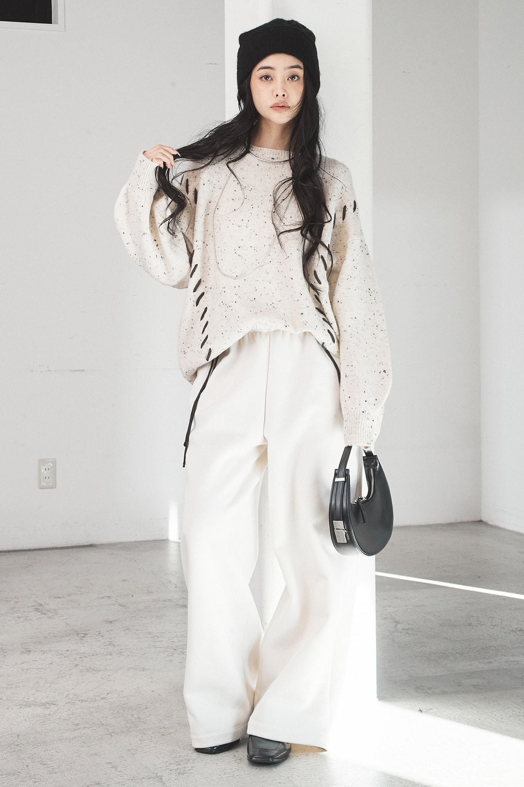 [SET]ネップ編み上げニットトップス+裏起毛スウェットワイドパンツ(2set)