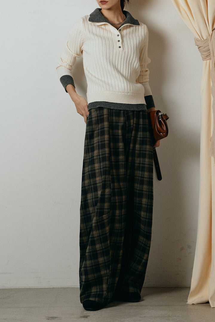 [SET]レイヤード風リブニットトップス+ベルト付きタータンチェックカーブワイドパンツ(2set)