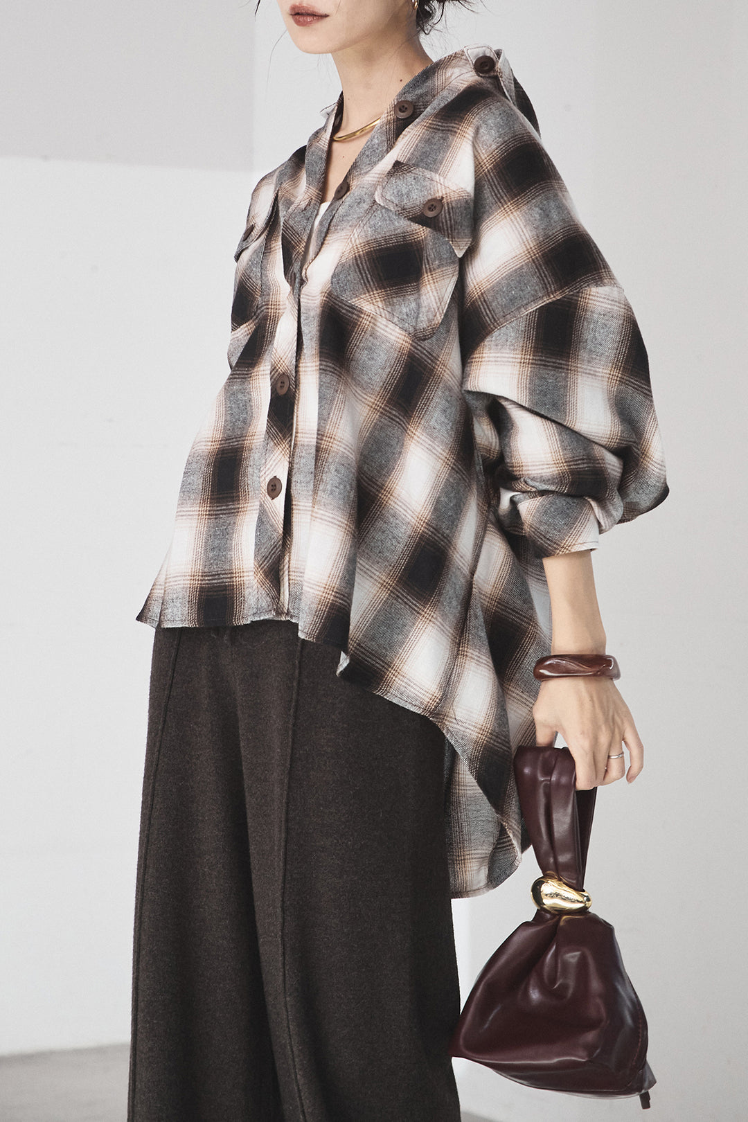 [SET]オンブレーチェックビッグシルエットCPOシャツ+センターラインニットパンツ(2set)