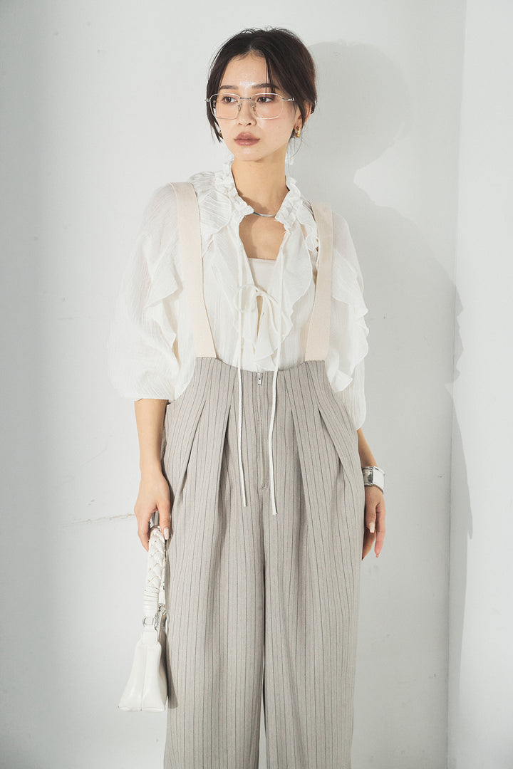 [SET]フロントリボンフリルブラウス+ピンストライプツータックサロペット(2set)