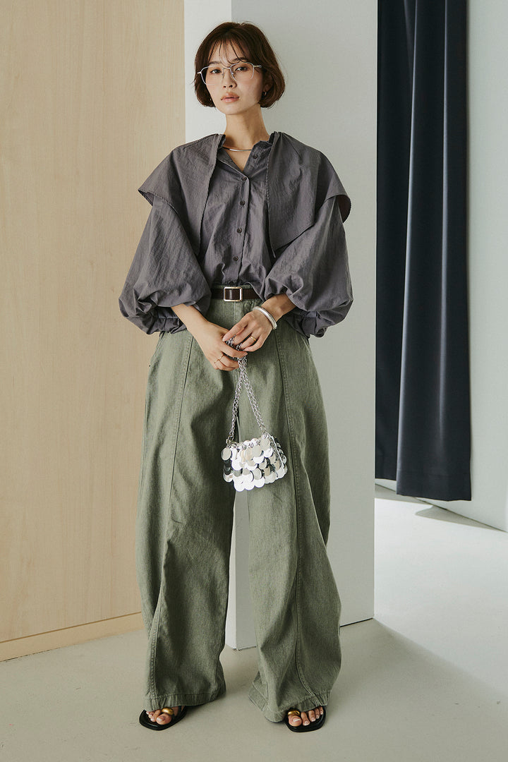 [SET]ケープカラーナイロンブラウス+サイドベルトカーブワイドパンツ(2set)