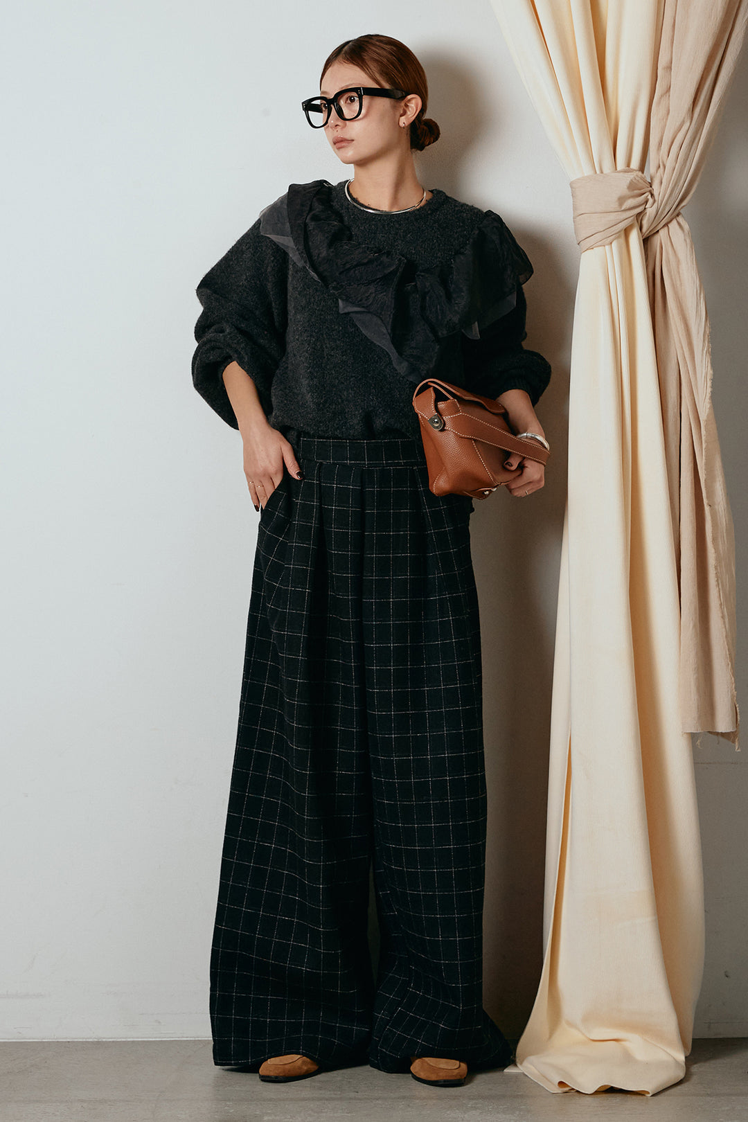 [SET]アシンメトリーフリルニットトップス+ウールライクチェックタックパンツ(2set)