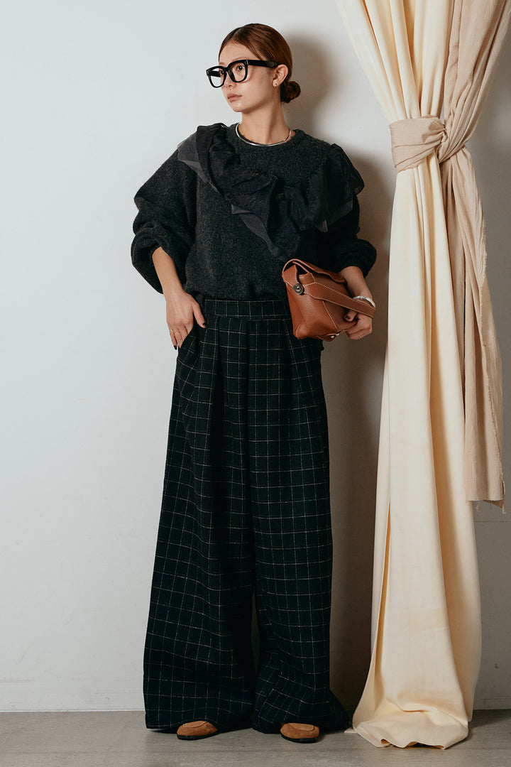 [SET]アシンメトリーフリルニットトップス+ウールライクチェックタックパンツ(2set)