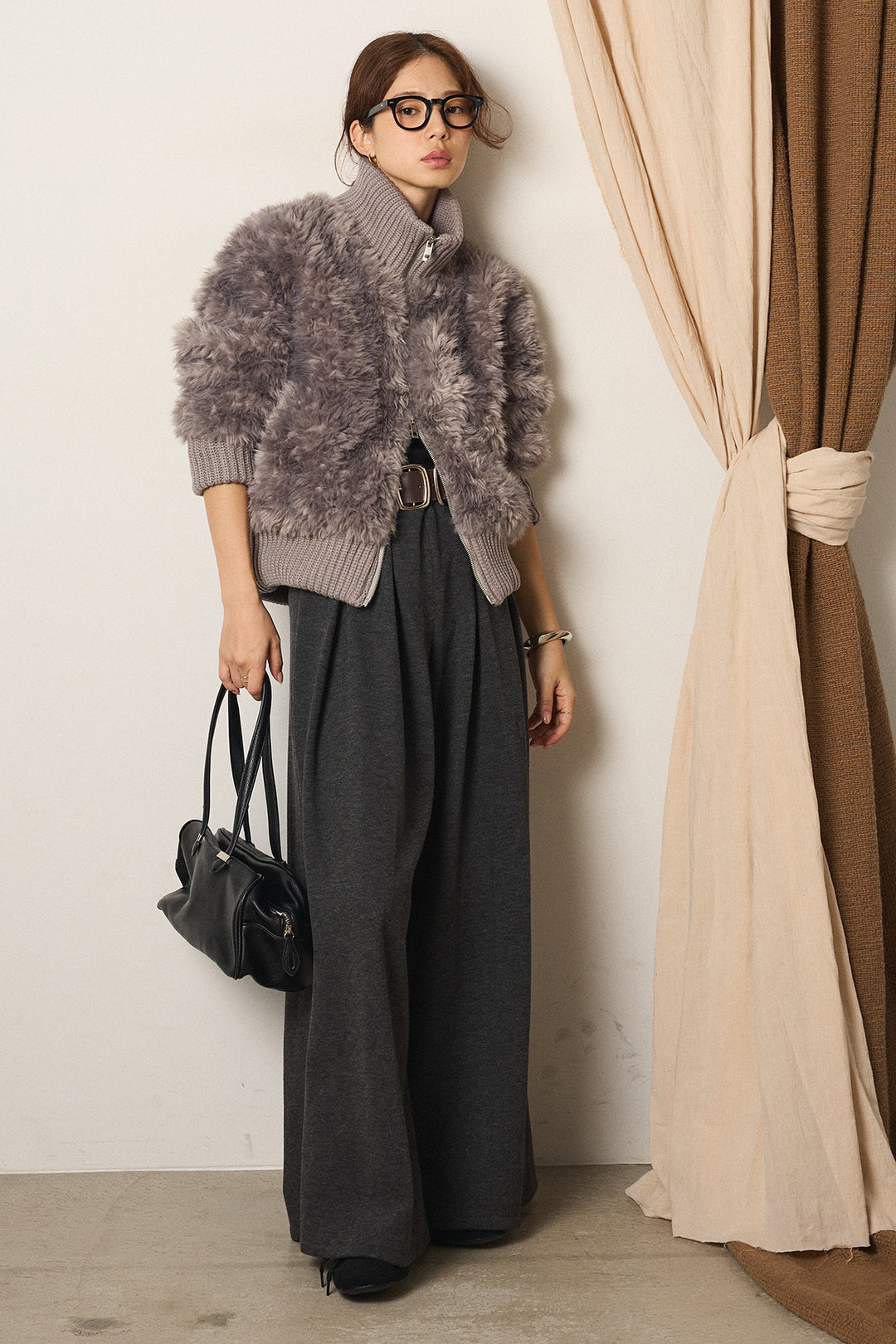 [SET]ハイネックボアブルゾン+フェイクレザー太ベルト付きタックワイドパンツ(2set)