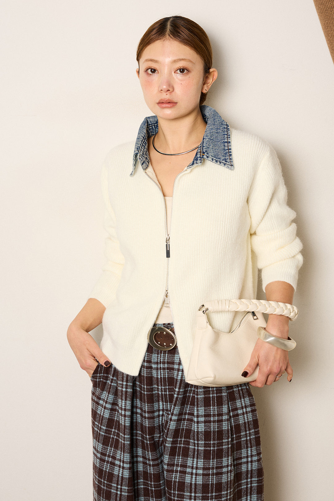 [SET]デニム襟ダブルジップニットトップス+スタッズデザインベルトタータンチェックパンツ(2set)