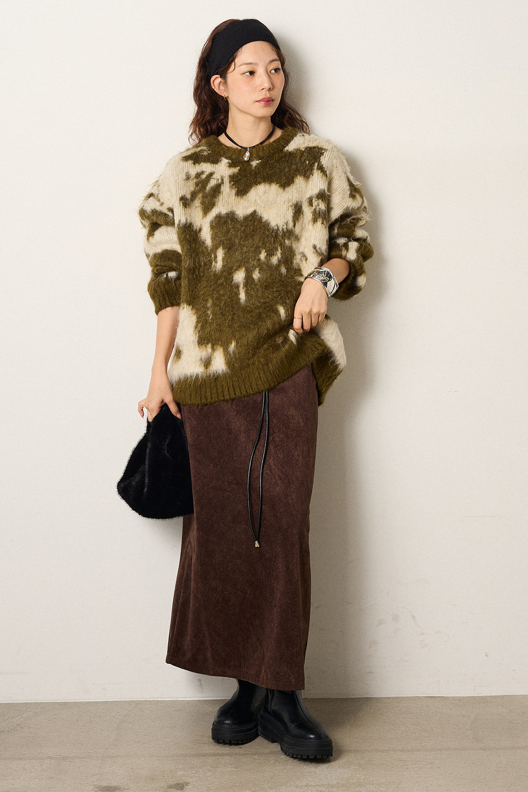 [SET]モヘアタッチマーブルニット+ロープベルト付きスウェード調スカート(2set)