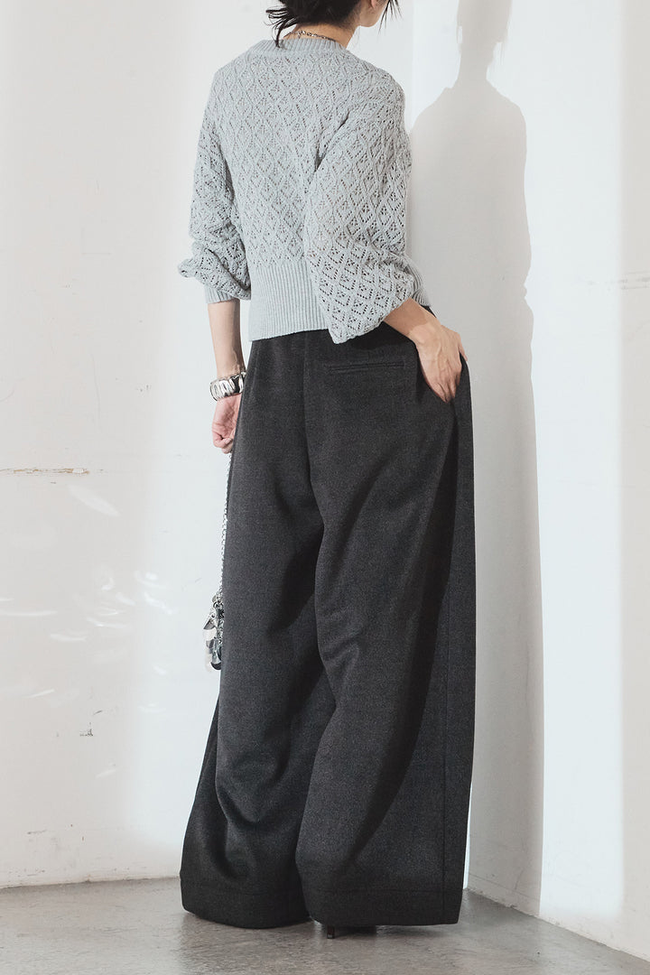 [SET]透かし編みニットジップスリットプルオーバー+ウールタッチカーブワイドパンツ(2set)
