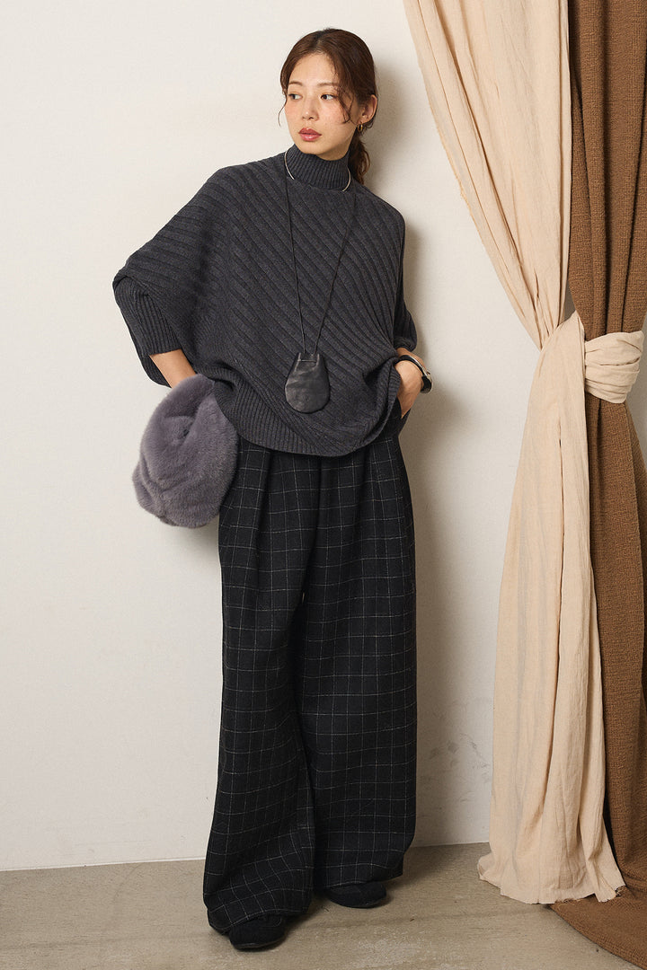 [SET]アシメデザインリブポンチョニットトップス+ウールライクチェックタックパンツ(2set)