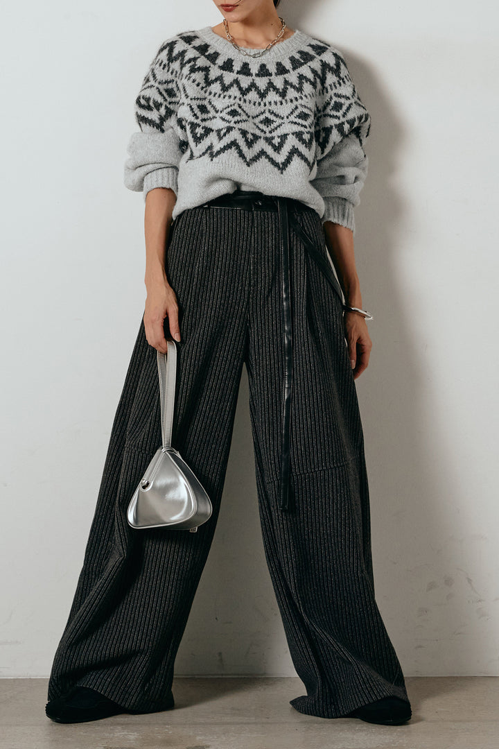[SET]ノルディック柄Uネックプルオーバー+レザーライク配色ストライプパンツ(2set)