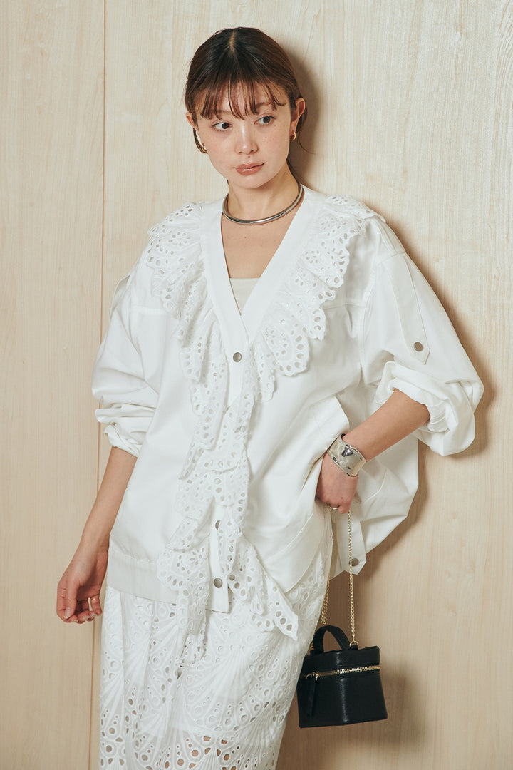 [SET]レースフリルドッキングアウター+レース刺繍リラックスパンツ(2set)