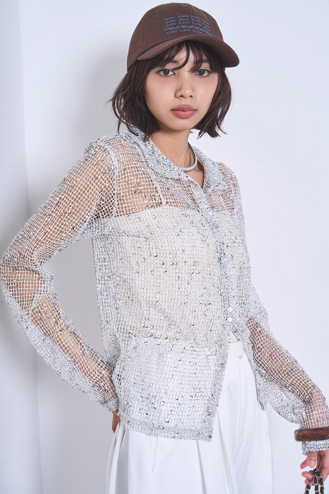 [SET]ネップメッシュポロ襟カーディガン+紐ベルト付きカーブワイドパンツ(2set)