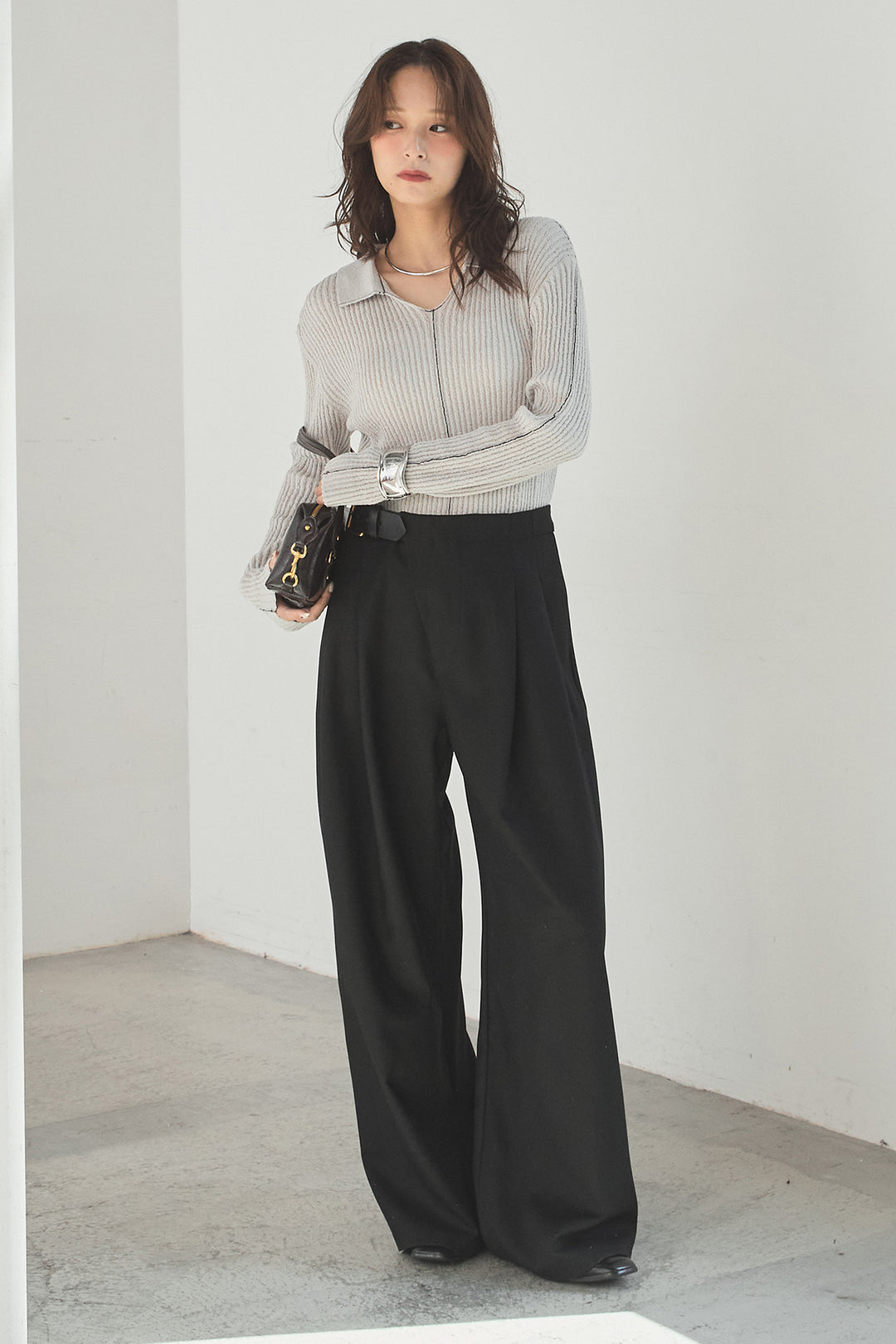 [SET]衿付きニットプルオーバー+サイドベルトタック入りスラックス(2set)