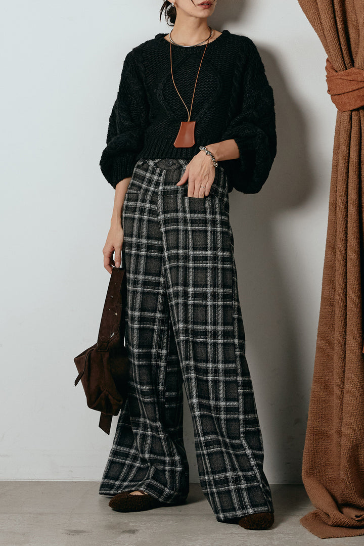 [SET]ロービングケーブルショート丈プルオーバー+ルーズタータンチェックワイドパンツ(2set)