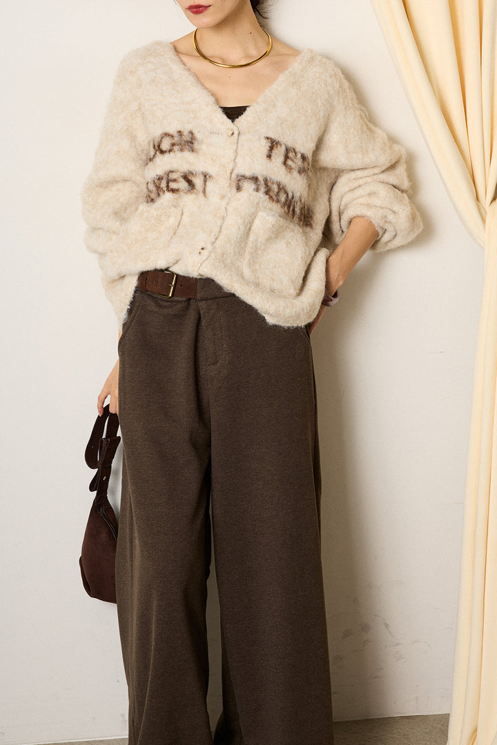 [SET]ウール混透かしロゴニットカーディガン+サイドベルトパンツ(2set)