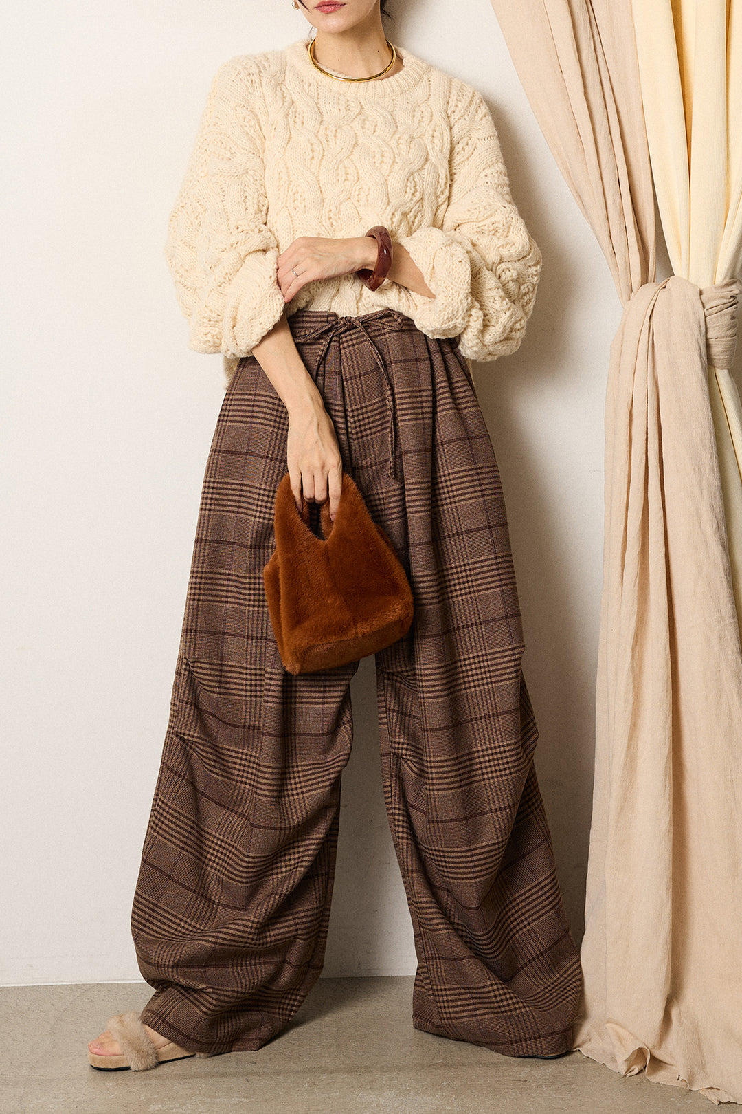 [SET]ケーブルリラックスショートニット+グレンチェックルーズタックパンツ(2set)