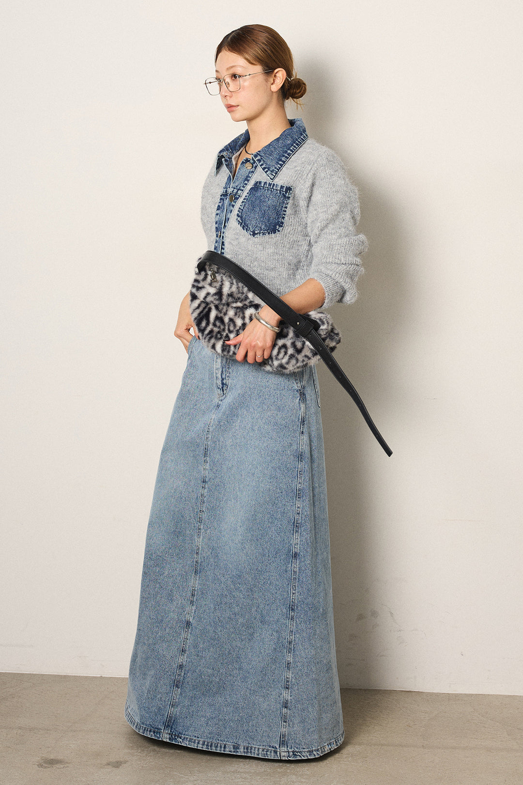 [SET]襟付きデニム切替ニットカーディガン+デニムロングフレアスカート(2set)