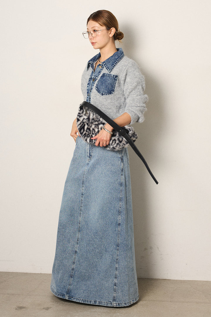 [SET]襟付きデニム切替ニットカーディガン+デニムロングフレアスカート(2set)