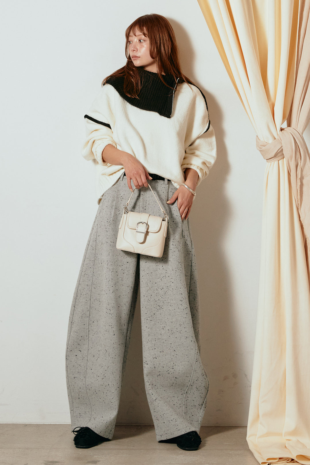 [SET]ハイネックジップデザインニットトップス+ベルト付きネップツイードカーブパンツ(2set)