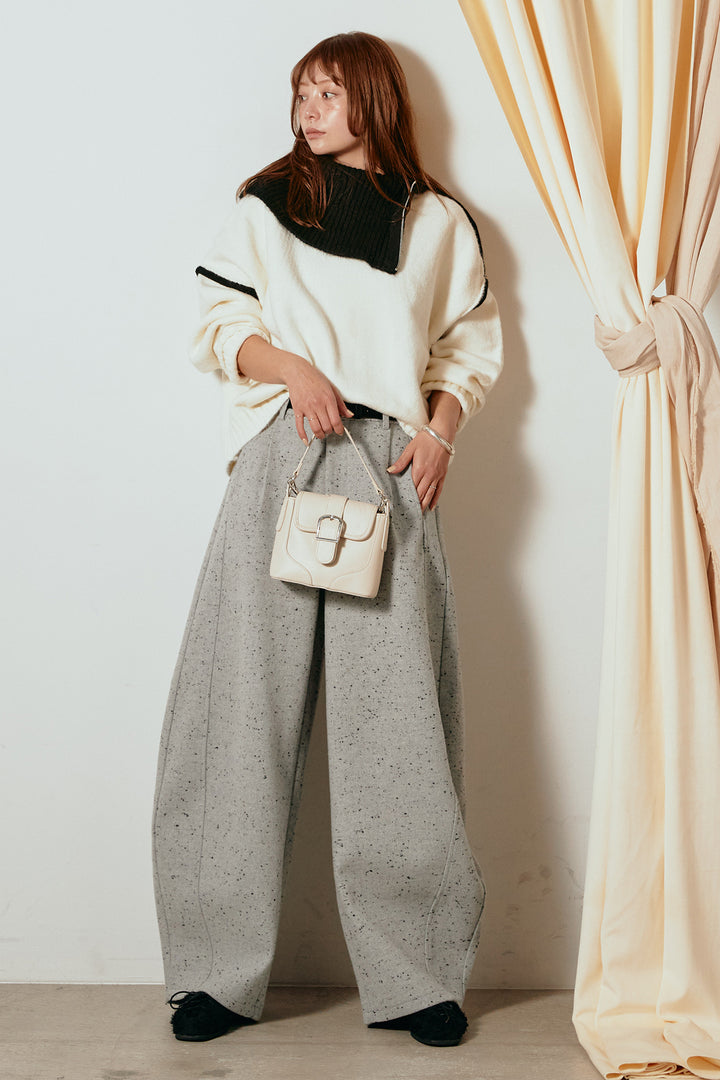 [SET]ハイネックジップデザインニットトップス+ベルト付きネップツイードカーブパンツ(2set)