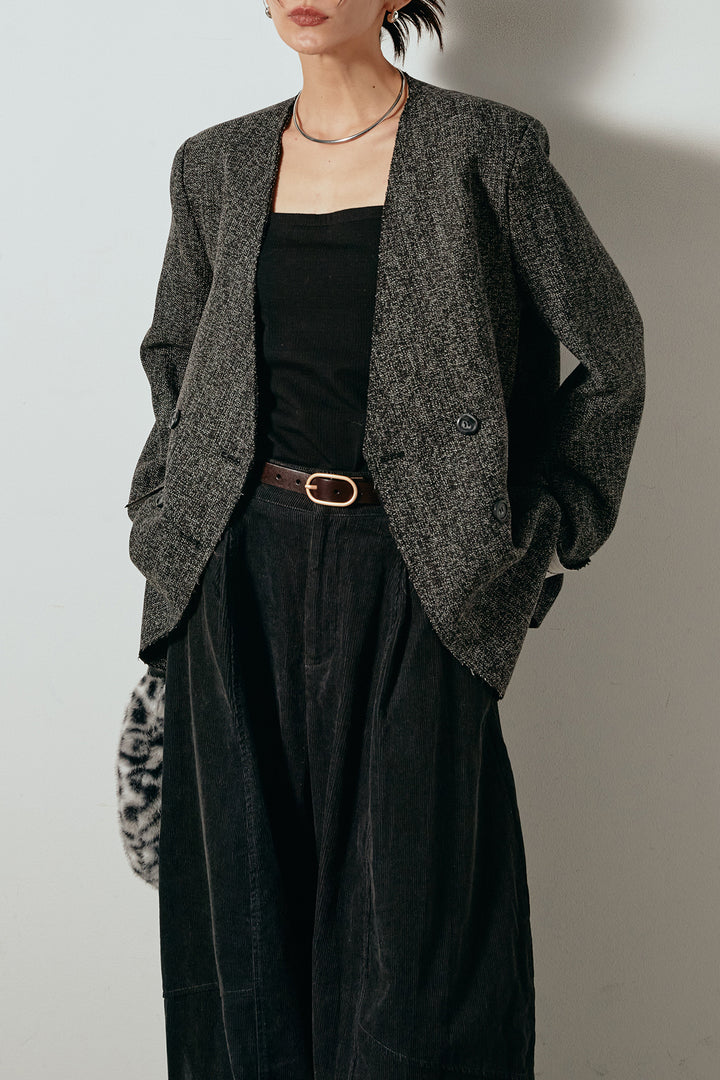 [SET]ノーカラーダブルボタンツイードジャケット+タック入りコーデュロイワイドパンツ(2set)