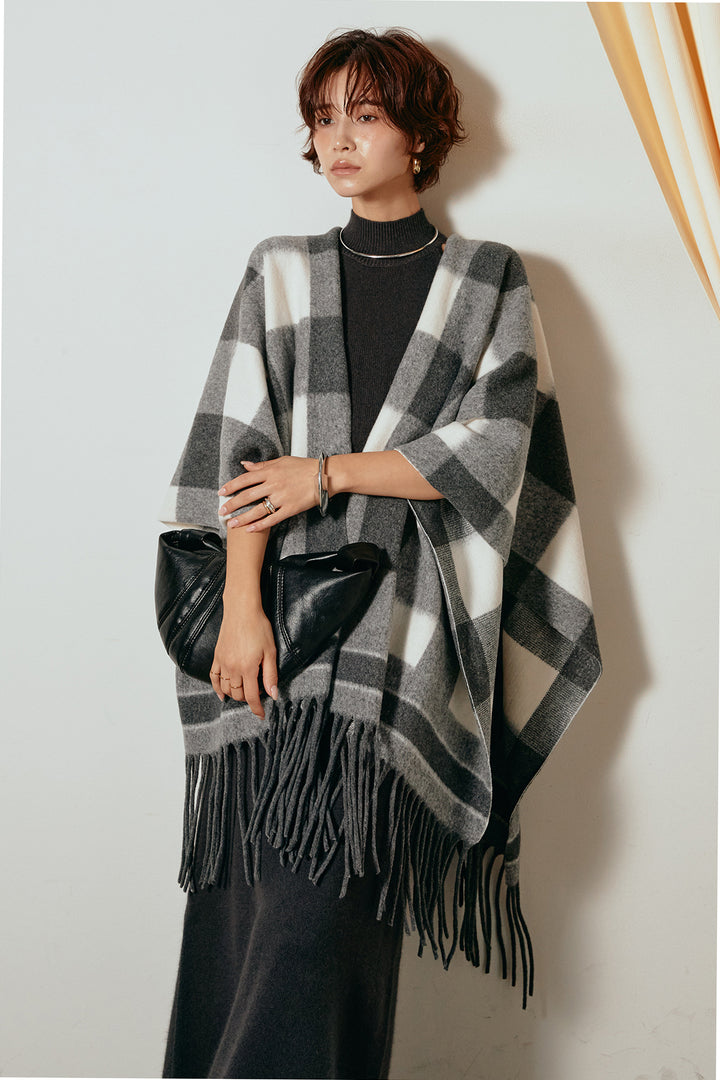 [SET]裾フリンジ柄ポンチョアウター+ノースリーブニットロングワンピース(2set)