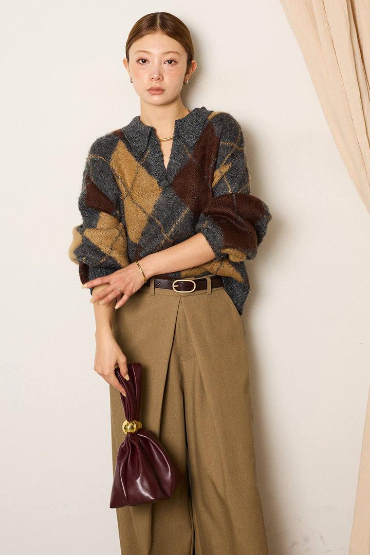 [SET]アクリルモヘアアーガイルキーネックプルオーバー+フロントワイドタックネップ入ワイドパンツ(2set)