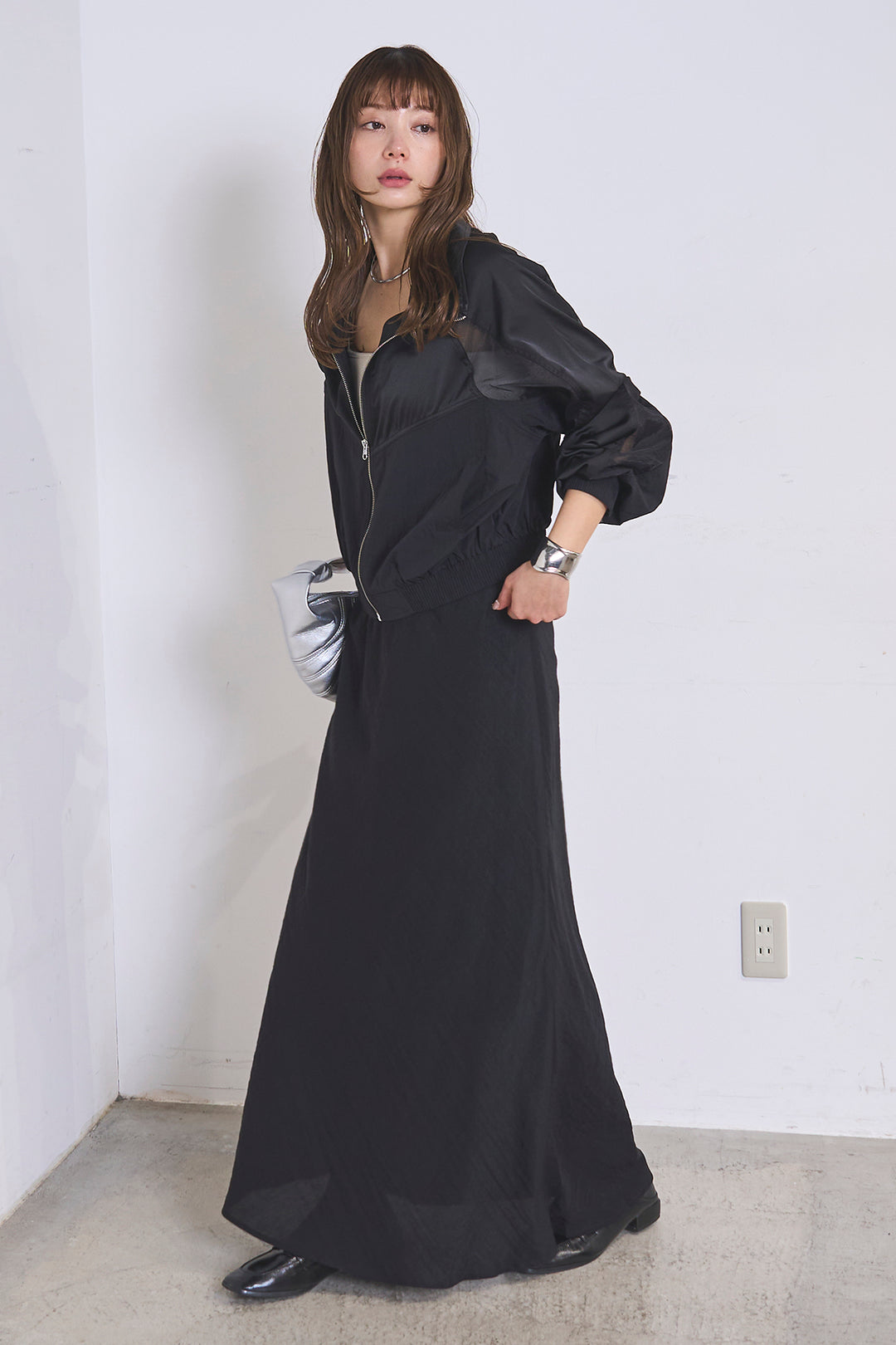 [SET]異素材切替ZIPブルゾン+リネンブレンドロングナロースカート(2set)