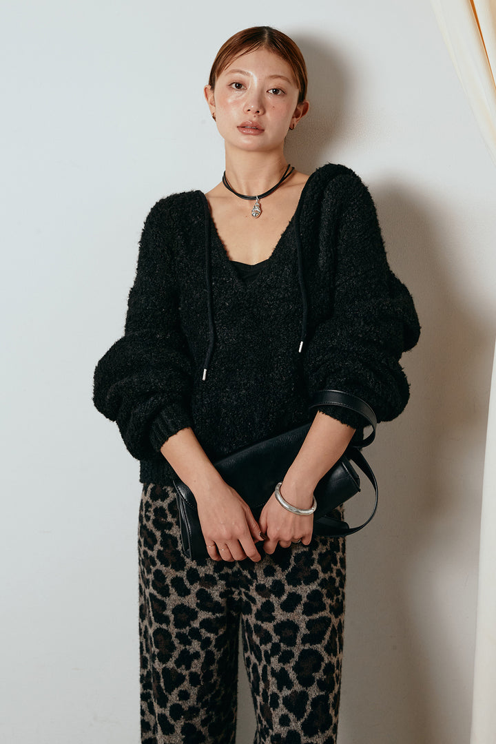 [SET]ブークレキーネックプルオーバー+リラックスレオパード柄ニットパンツ(2set)