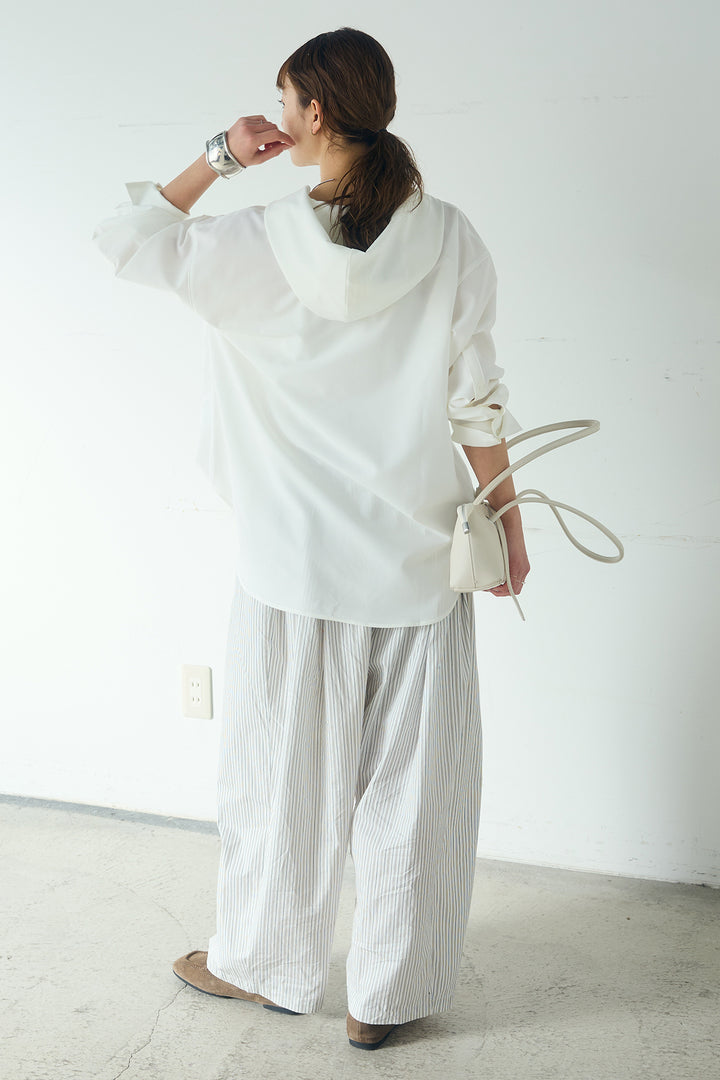 [SET]無地タイ付フーディーBIGシャツ+ランダムストライプタックギャザーパンツ(2set)